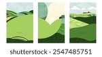 Abstract watercolor illustration of sustainable agriculture, rice, tea, wheat, corn, vineyard, soybean field. Geometric pattern, green grassland, blue sky, mountain, patchwork Vietnam Korea landscape