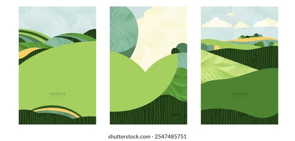 Abstract watercolor illustration of sustainable agriculture, rice, tea, wheat, corn, vineyard, soybean field. Geometric pattern, green grassland, blue sky, mountain, patchwork Vietnam Korea landscape