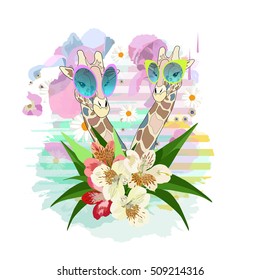 Abstract watercolor illustration of two cool girls giraffe in fashion flower hats and sunglasses, background of colorful spots isolated on white, color vector prints, pattern  animals