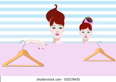 Abstract watercolor illustration two girls (mother daughter) in dressing with hangers, fashion art. Color vector prints beauty, empty copy space background for text, women shopping, sale.