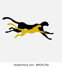 Abstract watercolor illustration of two running cheetah (color yellow, white and black), force logo, emblem of power, pattern free animals, vector print, business banner, art fashion design logo