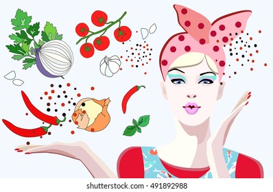 
Abstract watercolor image of a young woman in funny cap and apron in the kitchen, prepare food, ingredients, vector color pattern of vegetables and spices, cooking and recipes