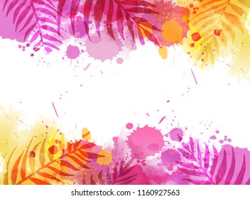 Abstract watercolor imitation splashes background with tropical palm leaves. Trendy summer vacation background.