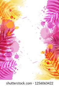 Abstract watercolor imitation splashes background with tropical palm leaves. Trendy summer vacation background.