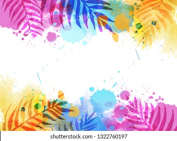 Abstract watercolor imitation splashes background with tropical palm leaves. Trendy summer vacation background.