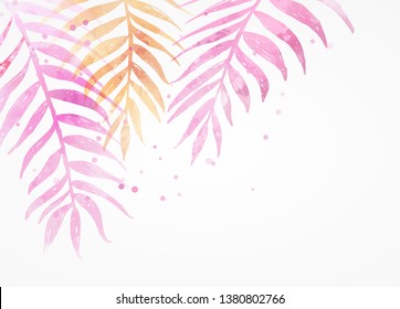 Abstract watercolor imitation tropical palm leaves. Trendy summer vacation background. Yellow and pink colored.