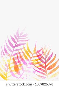 Abstract watercolor imitation tropical palm leaves. Trendy summer vacation background. Orange and pink colored.