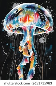 Abstrato Aquarela Águas-vivas Méduse com Tentáculos de Fluxo Colorido - Vida Marinha Arte Ilustração
