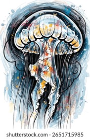Abstrato Aquarela Águas-vivas Méduse com Tentáculos de Fluxo Colorido - Vida Marinha Arte Ilustração