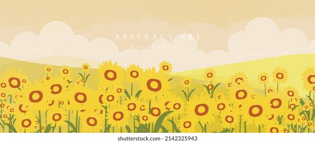 Resumen del fondo del paisaje acuático. Papel de la naturaleza de campo amarillo, girasol, cielo y nube. vista panorámica de la flor de flores de flores de flores, ideal para la cubierta, la pancarta, el arte de la pared, la decoración.