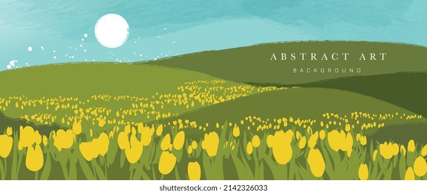 Resumen del fondo del paisaje acuático. Papel de la naturaleza de campo verde, tulipanes amarillos, cielo azul y luna. vistas panorámicas al tulipán flor adecuado para cubrir, banner, arte mural, decoración.