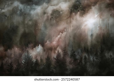 Abstract watercolor landscape, dark forest silhouettes, ethereal misty atmosphere, dreamy night sky, artistic nature illustration.