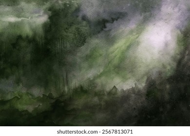 Abstract watercolor landscape, dark green tones, misty atmosphere, soft light rays, serene nature scene.