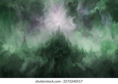 Abstract watercolor landscape, dark green tones, mystical atmosphere, ethereal clouds, fantasy art style.