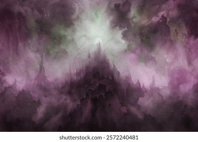 Abstract watercolor landscape, dark mystical mountains, ethereal light, dreamy atmosphere, vibrant colors, artistic expression.