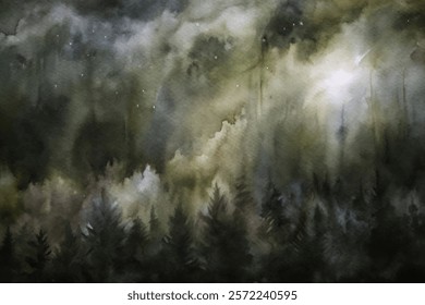 Abstract watercolor landscape, misty forest scene, soft green tones, atmospheric depth, nature-inspired art.