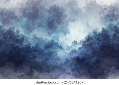 Abstract watercolor landscape, moody blue tones, soft brush strokes, atmospheric depth, serene nature scene.