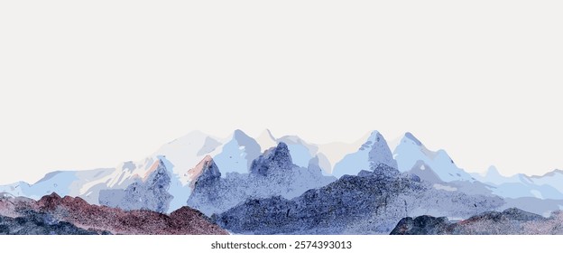 Abstract watercolor landscape of mountains. Blue and purple hues create a serene mountain scene. Watercolor mountains evoke tranquility and natural beauty. Vintage nature illustration isolated, vector