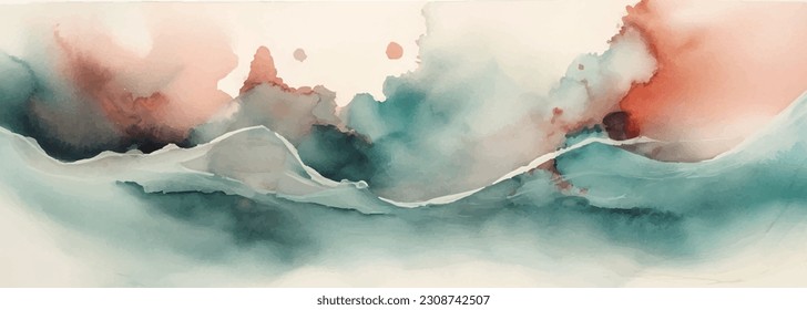 Abstract watercolor landscape with mountains or seascape with waves. Hand drawn illustration for your design and background with teal green and rose peach colors.