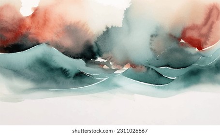 Abstract watercolor landscape with mountains or seascape with waves. Hand drawn illustration for your design and background with teal green and rose peach colors.