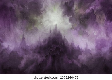 Abstract watercolor landscape, mystical purple tones, dramatic cloud formations, ethereal light source, fantasy art style.