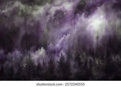 Abstract watercolor landscape, purple hues, dreamy forest silhouette, ethereal atmosphere, artistic background, nature-inspired design.