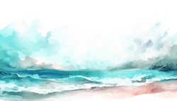 Abstract Watercolor Landscape With Seascape And Cool Waves. Hand Drawn Illustration For Your Design And Background With Teal Green And Deep Colors.
