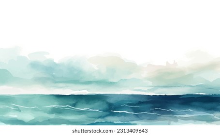 Abstract watercolor landscape with seascape and cool waves. Hand drawn illustration for your design and background with teal green and deep blue colors.