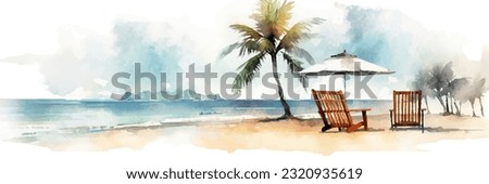 Abstract watercolor landscape with seascape, palm and lounge chair. Hand drawn illustration for your design and background with teal green and deep blue colors.	