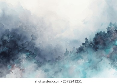 Abstract watercolor landscape, soft blue hues, misty forest silhouette, serene atmosphere, artistic background, nature-inspired design.