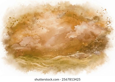 Abstract watercolor landscape, soft earthy tones, dreamy clouds, serene atmosphere, artistic background, nature-inspired design.