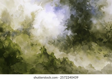 Abstract watercolor landscape, soft green hues, atmospheric clouds, nature-inspired art, tranquil scenery, artistic background.