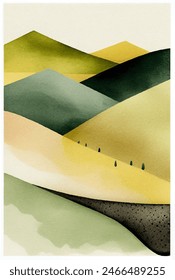 Abstract watercolor landscape vector painting. Watercolor painting of desert landscape. Rolling hills, cacti, and a hint of mountains in the background, all rendered in soft washes of brown, yellow