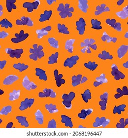 Abstract watercolor leaves seamless repeat pattern. Random placed, vector lilac botany plant parts all over surface print on orange background.