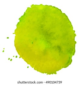 Abstract watercolor light green color stain with splash and drops. 