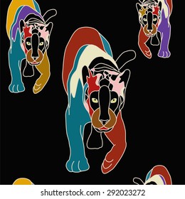  Abstract watercolor lioness hunting ( color pink green blue yellow lilac purpur  red white black ), vector fashion tropical  print design, trendy fabric texture,animal seamless pattern