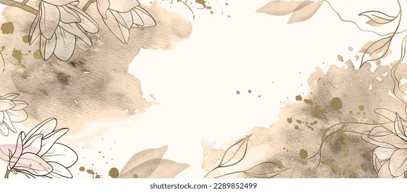 Abstract watercolor luxury art background with floral pattern. Luxury minimal style wallpaper with flower and botanical leaves, Watercolors vector texture, golden line art