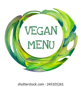 Abstract watercolor menu banner with green leaves. Design template with place for your text. Can be used for web pages, identity style, printing, invitations, banners, cards, leaflets.