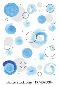 Abstract watercolor modern poster illustration multi-colored blue and gray different circles and dots on a white background