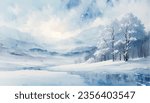 Abstract watercolor mountains landscape with lake and snow. Winter nature landscape blue color watercolor vector illustration. Drawing winter time concept background.