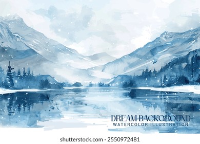 Abstract watercolor mountains landscape with lake and snow