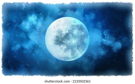 Abstract watercolor night sky with full moon illustration
