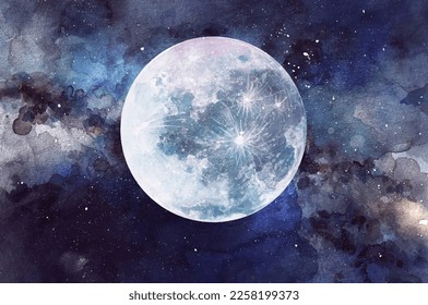 Abstract watercolor night sky with full moon illustration