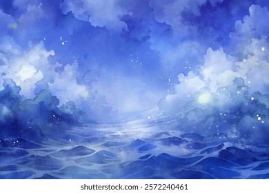 Abstract watercolor ocean, blue tones, soft clouds, serene atmosphere, artistic background, calming visuals.