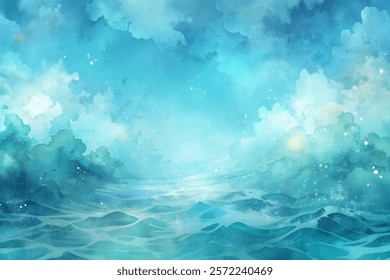 Abstract watercolor ocean, serene blue tones, soft clouds, tranquil atmosphere, artistic seascape, calming background.