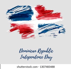 Abstract watercolor paint brushed flag of Dominican Republic in grunge shape. Dominican Republic Independence day holiday concept background