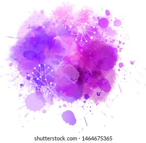 Abstract watercolor paint splash background with floral elements. Purple colored. Template for your designs, lettering text, etc.
