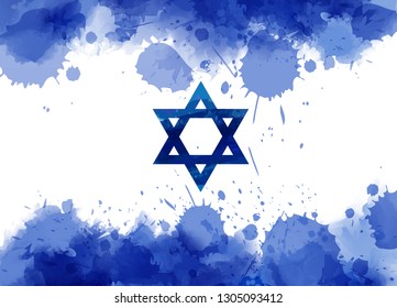 Abstract watercolor paint splashes flag of Israel. Template for national holiday background, banner, poster, invitation, etc