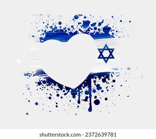 Abstract watercolor paint splashes flag of Israel in heart shape.