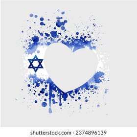 Abstract watercolor paint splashes flag of Israel in heart shape.